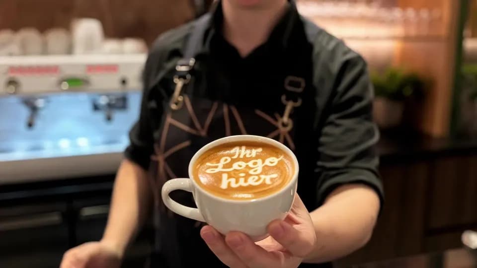 Cappuccino mit dem Schriftzug „Ihr Logo hier“ im Milchschaum